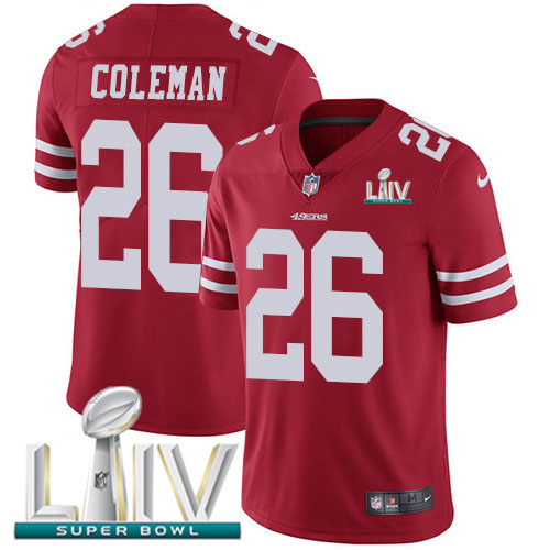 San Francisco 49ers Nike 26 Tevin Coleman Red Super Bowl LIV 2020 Team Color Youth Stitched NFL Vapor Untouchable Limited Jersey